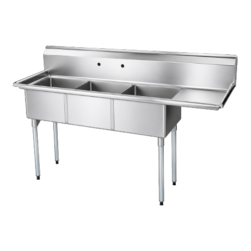 EFI SI824-3L-DW 30" X 24" X 14" Center Drain Three Compartment Dishwasher Sink With Right Drain Board