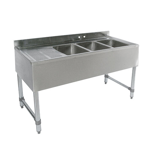 EFI SIB-3B-60 60″ x 18″ x 10″ Corner Drain Three Compartment Bar Sink With Right & Left Drain Board