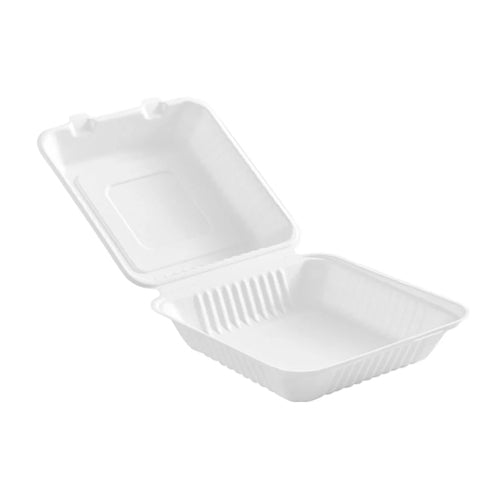Globe 6011 8" X 8" X 3" Bagasse Compostable Hinged Container – 200/Case