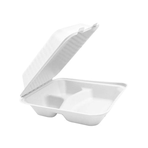 Globe 6014 6" X 6" X 3" Bagasse Compostable Hinged Container with 3 Compartments – 200/Case
