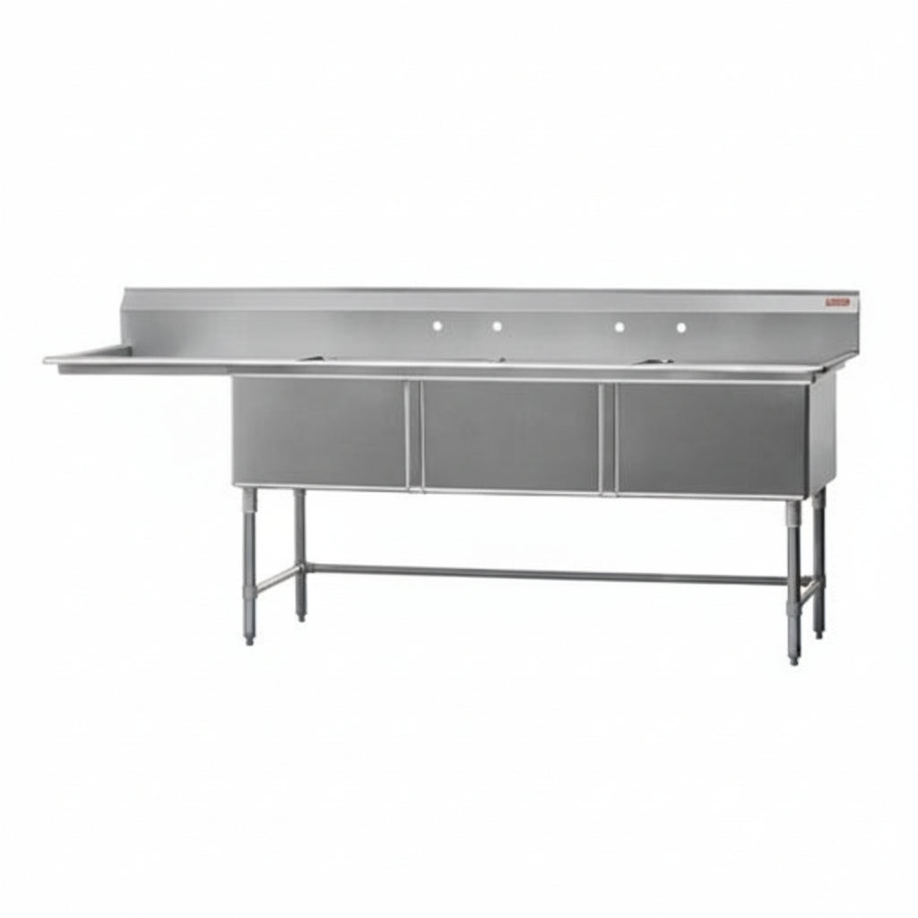 Rosko RO-ST-2424-L24 24" x 24" x 14" Corner Drain Three Compartment Sink With Left Drain Board