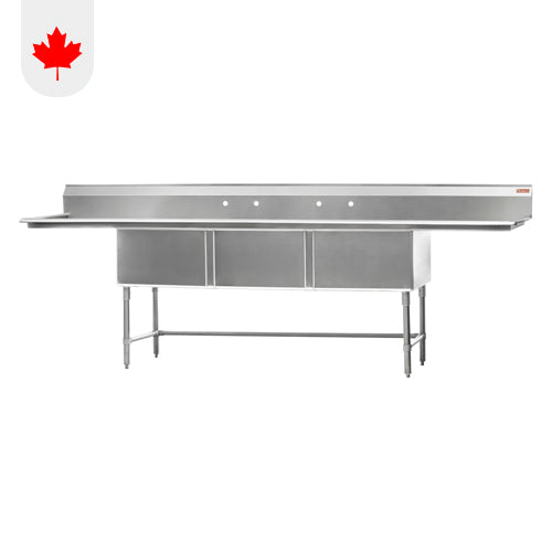 Rosko RO-ST-2424-LR24 24" x 24" x 14" Corner Drain Three Compartment Sink With Two Drain Boards