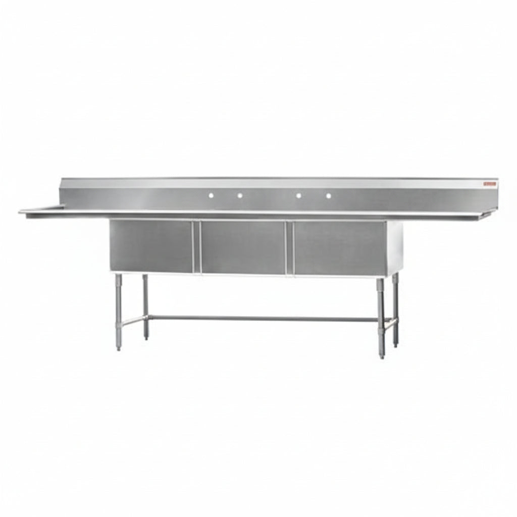 Rosko RO-ST-2424-LR24 24" x 24" x 14" Corner Drain Three Compartment Sink With Two Drain Boards