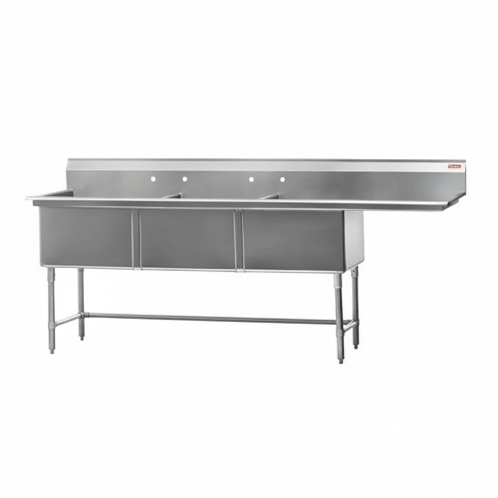 Rosko RO-ST-2424-R24 24" x 24" x 14" Corner Drain Three Compartment Sink With Right Drain Board