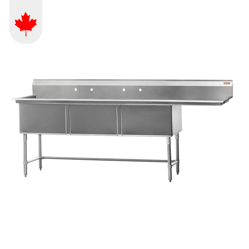 Rosko RO-ST-2424-R24 24" x 24" x 14" Corner Drain Three Compartment Sink With Right Drain Board