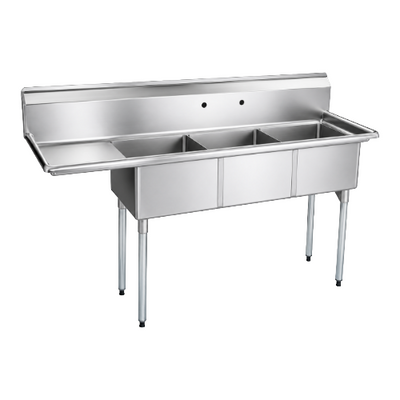 EFI SI824-3L-DW 30" X 24" X 14" Center Drain Three Compartment Dishwasher Sink With Left Drain Board