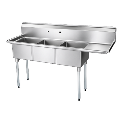 EFI SI824-3R-DW 30" X 24" X 14" Center Drain Three Compartment Dishwasher Sink With Right Drain Board