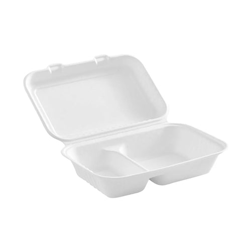 Globe 6016 9" X 6" X 3.25" Bagasse Compostable Hinged Container with 2 Compartments – 200/Case