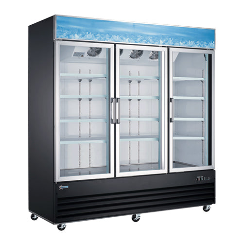 Omcan RE-CN-0052-HC-BK 78" 3 Swing Door Glass Refrigerator Merchandiser