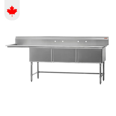 Rosko RO-ST-2424-L24 24" x 24" x 14" Corner Drain Three Compartment Sink With Left Drain Board