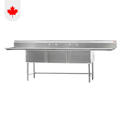 Rosko RO-ST-2424-LR24 24" x 24" x 14" Corner Drain Three Compartment Sink With Two Drain Boards