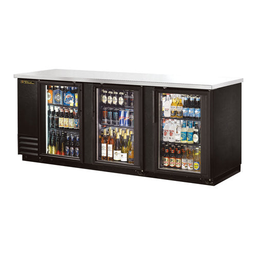 True TBB-4G-LD 90" 3 Door Glass Back Bar Refrigerator